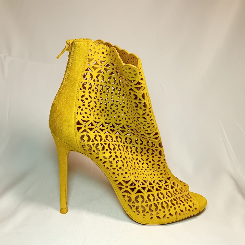 ALDO Yellow Suede Laser Cutout Peep Toe Stiletto Heel Bootie Ankle Boot 8.5 READ - Picture 10 of 16